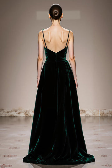 A-Line Dark Green Velvet Evening Dress with Slit